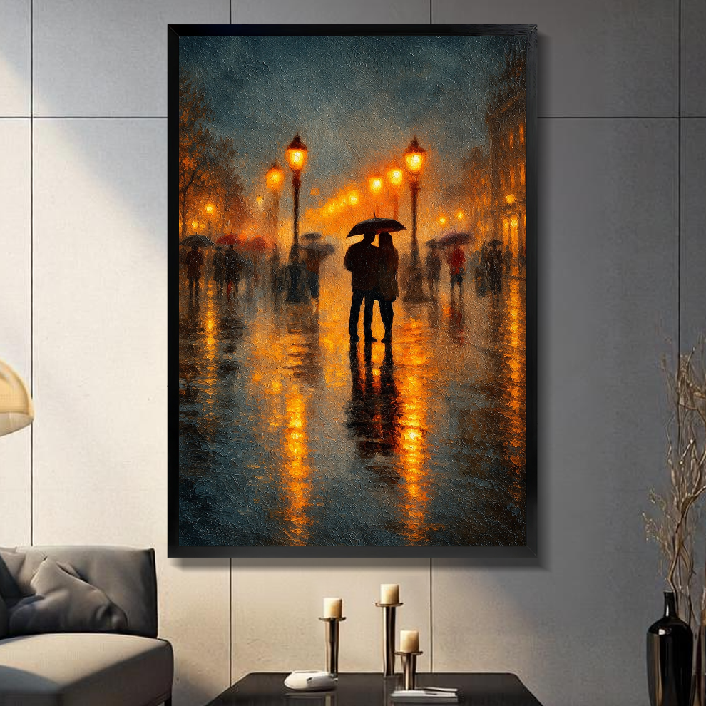 Black framed umbrella couple rain lights canvas on a dark paneled wall beside warm candles.