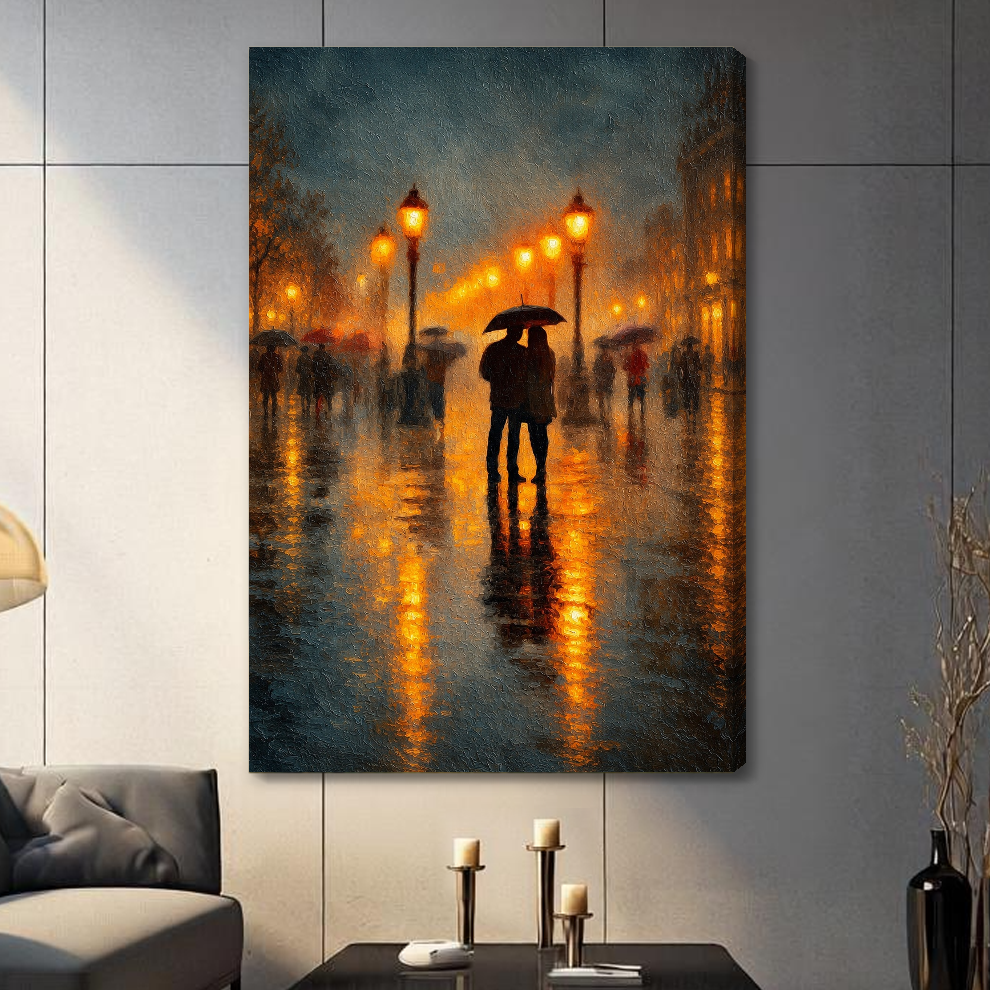 Stretched umbrella couple rain lights canvas with a shaded wrapped edge in the selected room setting.