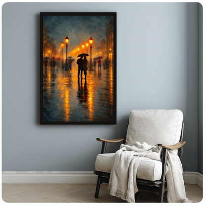 Framed umbrella couple rain lights canvas beside a pale reading chair on a blue gray wall.