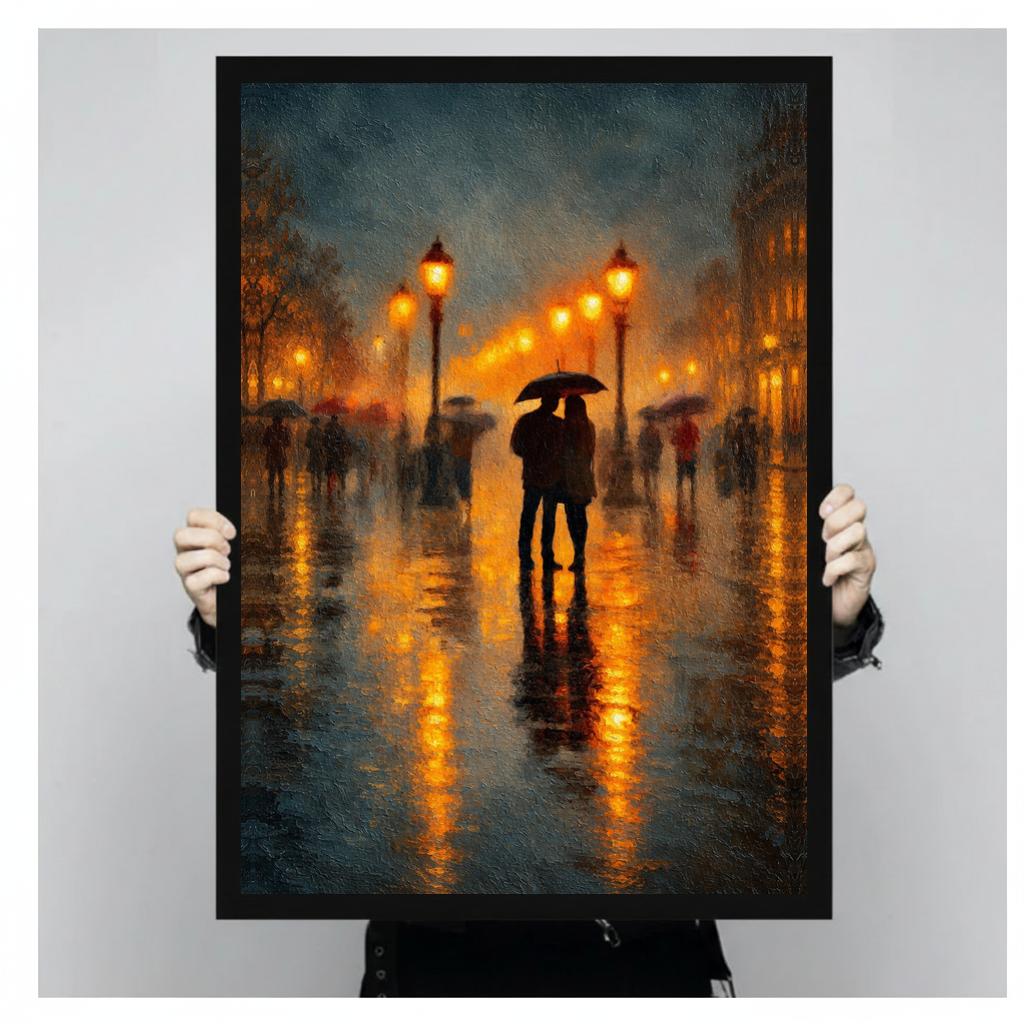 Framed umbrella couple rain lights canvas held by a person against a light neutral background.