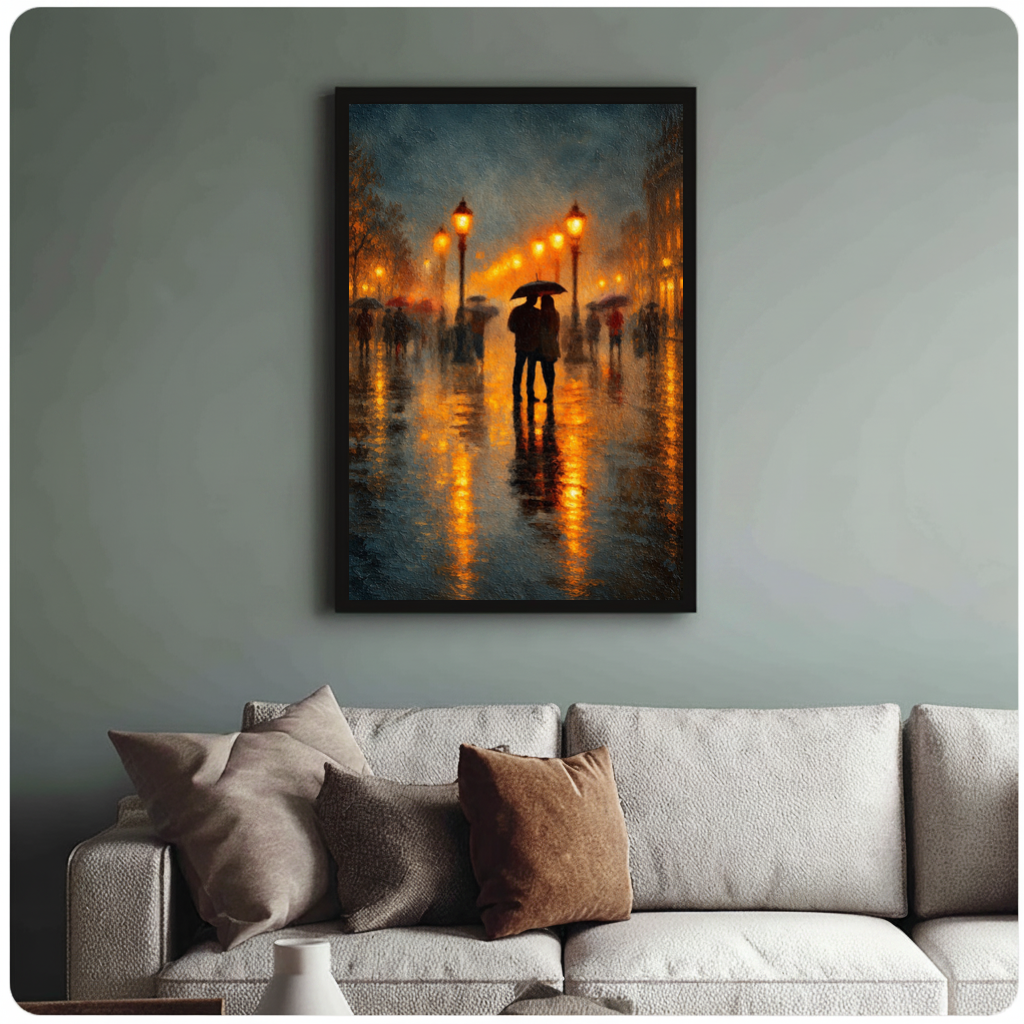 Framed umbrella couple rain lights canvas above a neutral sofa with cushions against a muted wall.
