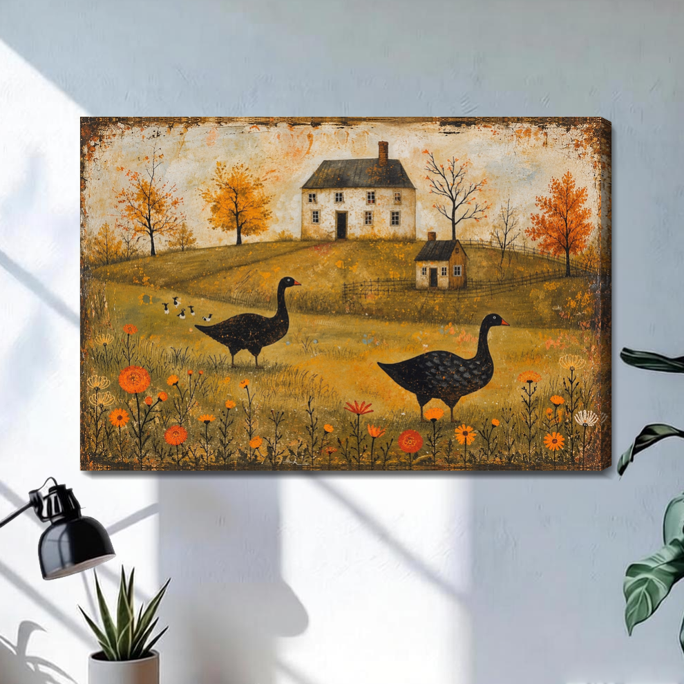 Stretched autumn geese farmhouse canvas with a shaded wrapped edge in the selected room setting.