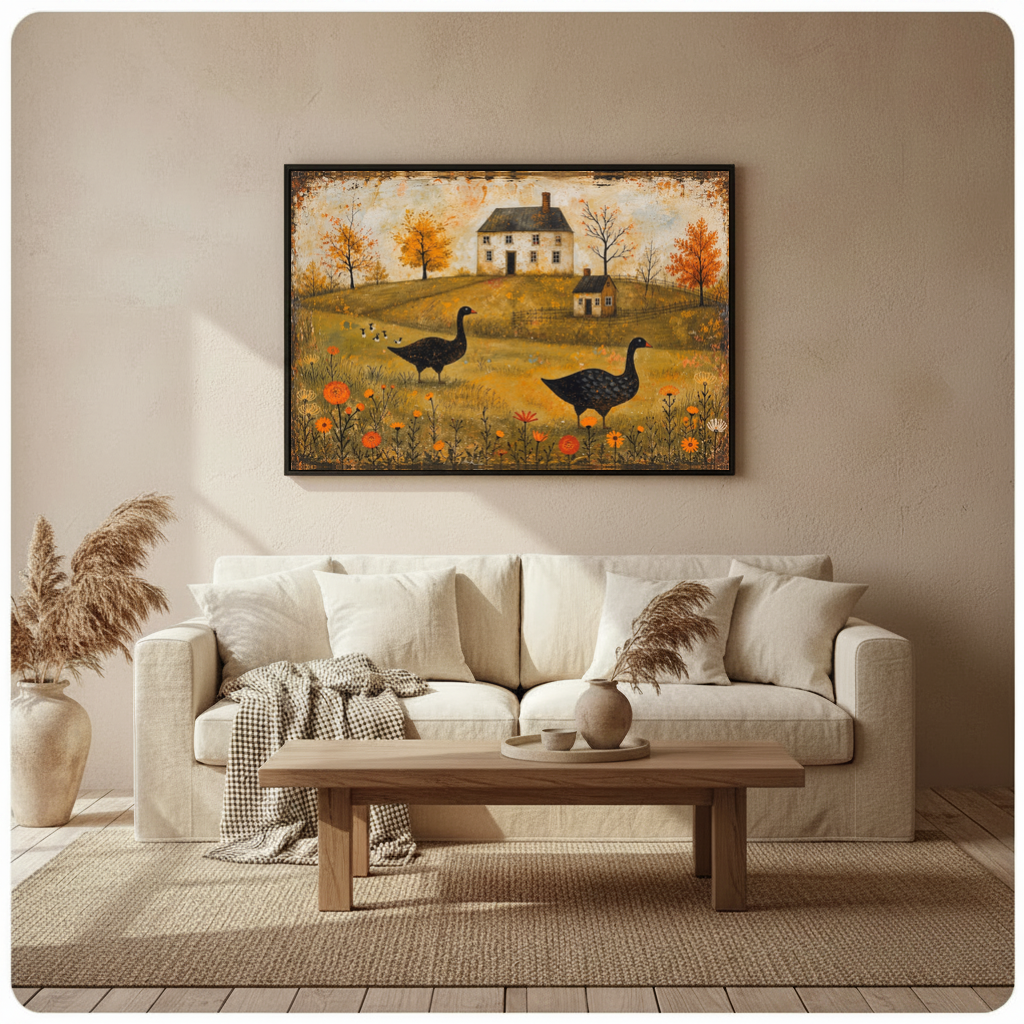 Framed autumn geese farmhouse canvas above a neutral sofa beside pampas grass and a coffee table.
