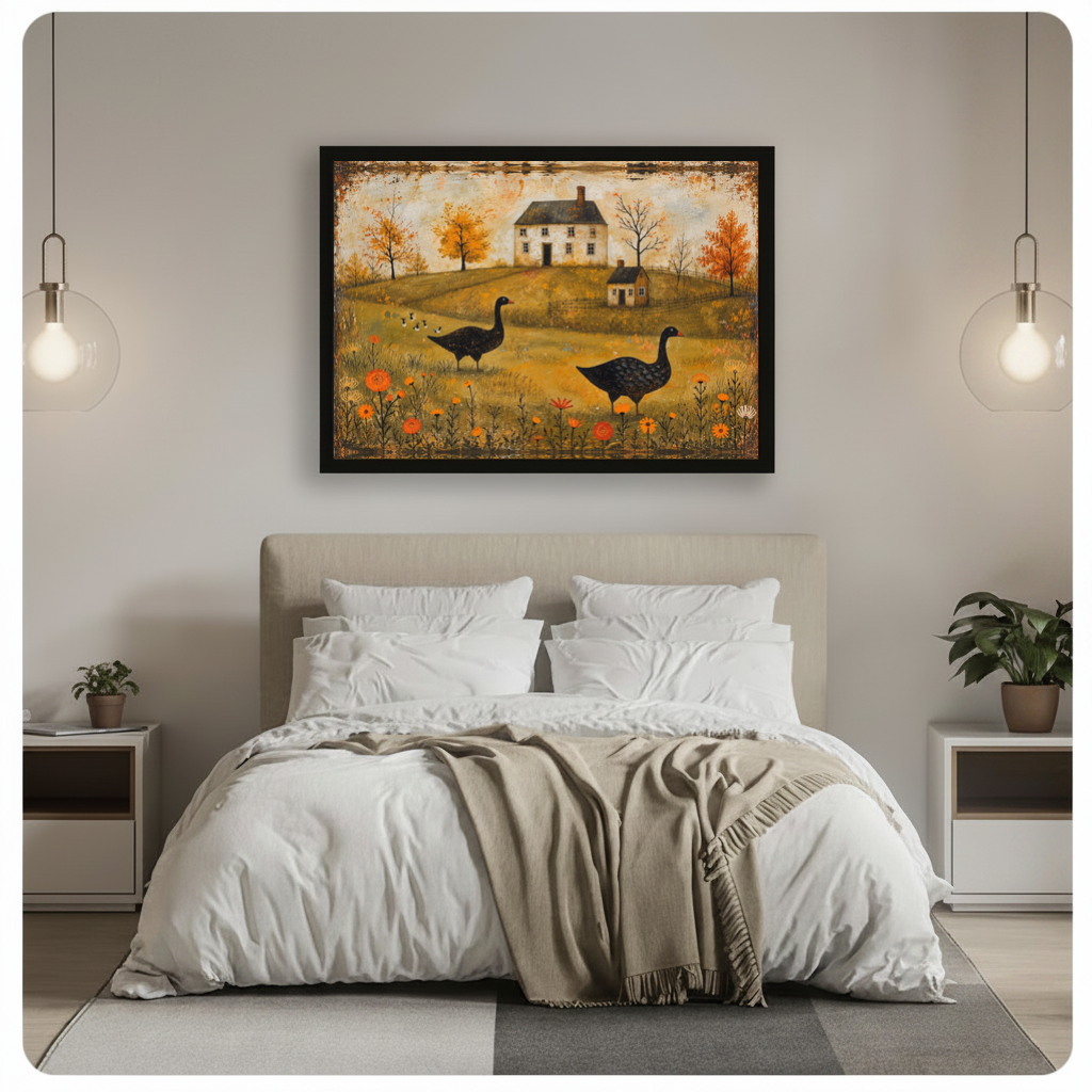 Framed autumn geese farmhouse canvas above a gray bed between hanging pendant lamps in a neutral bedroom.