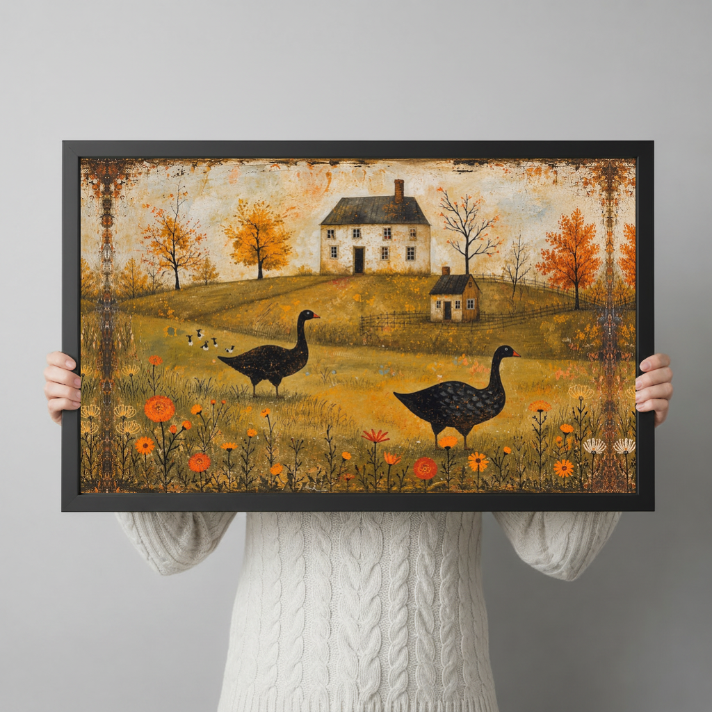 Framed autumn geese farmhouse canvas held horizontally by a person wearing a cream sweater against a light background.