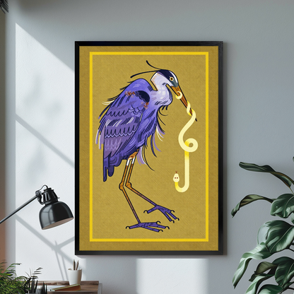 Black framed violet heron and snake canvas on a pale wall above a desk and plant.
