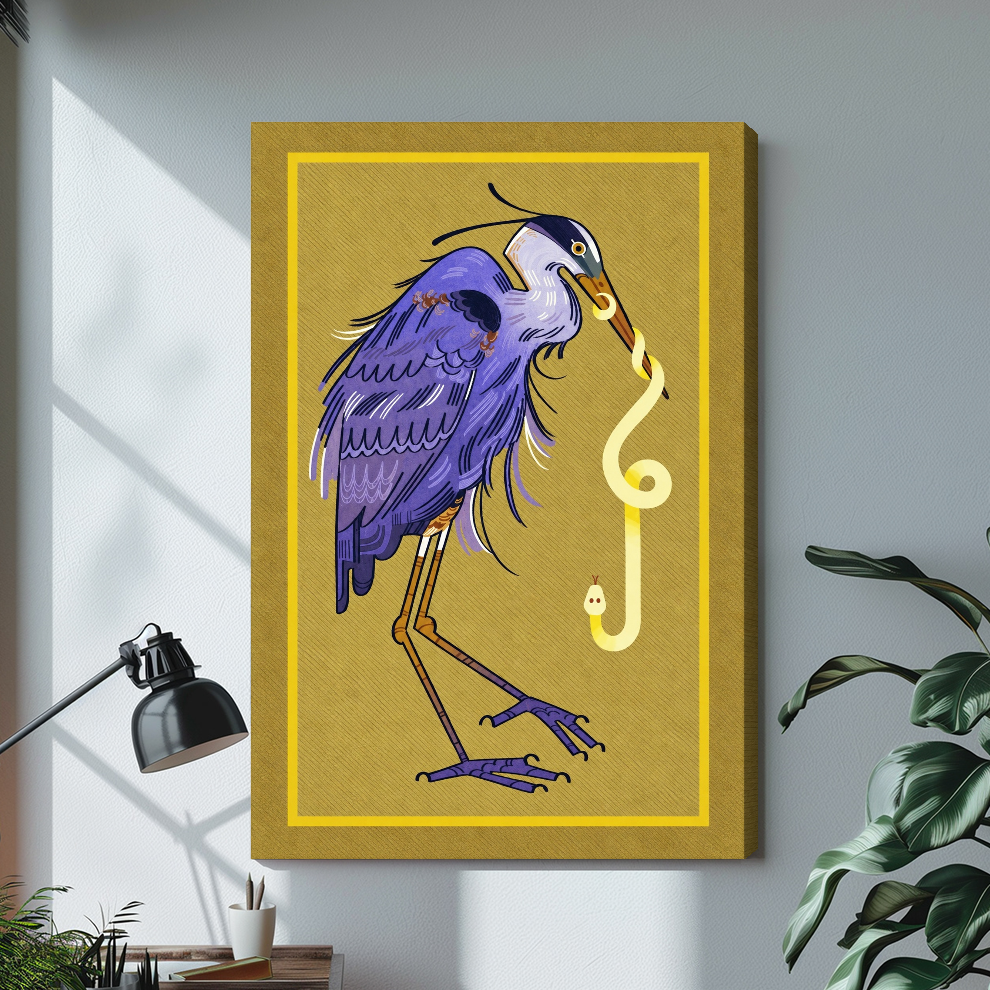 Stretched violet heron and snake canvas with a shaded wrapped edge in the selected room setting.