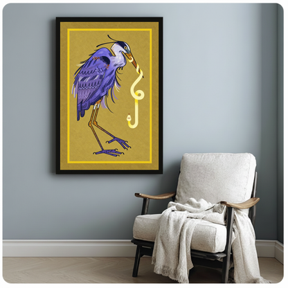 Framed violet heron and snake canvas beside a pale reading chair on a blue gray wall.