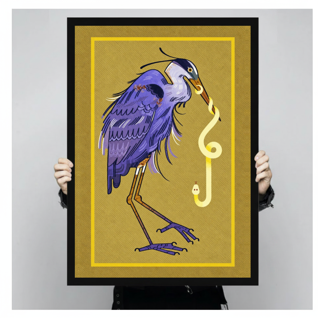 Framed violet heron and snake canvas held by a person against a light neutral background.