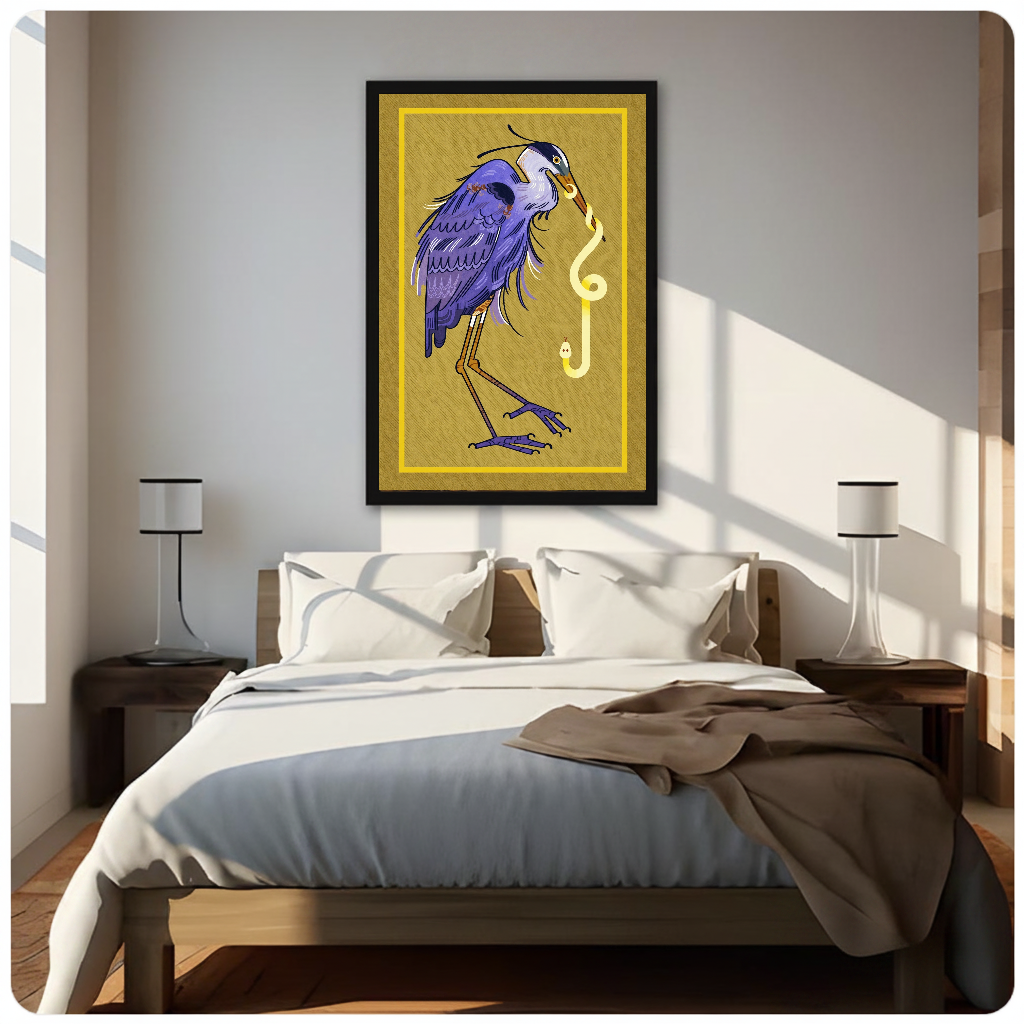 Framed violet heron and snake canvas above a neutral bed beside soft bedroom lighting and lamps.