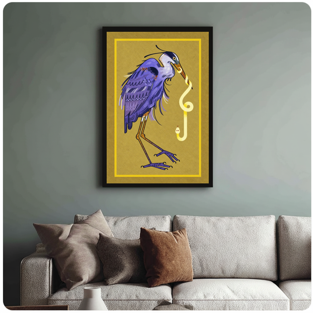 Framed violet heron and snake canvas above a neutral sofa with cushions against a muted wall.
