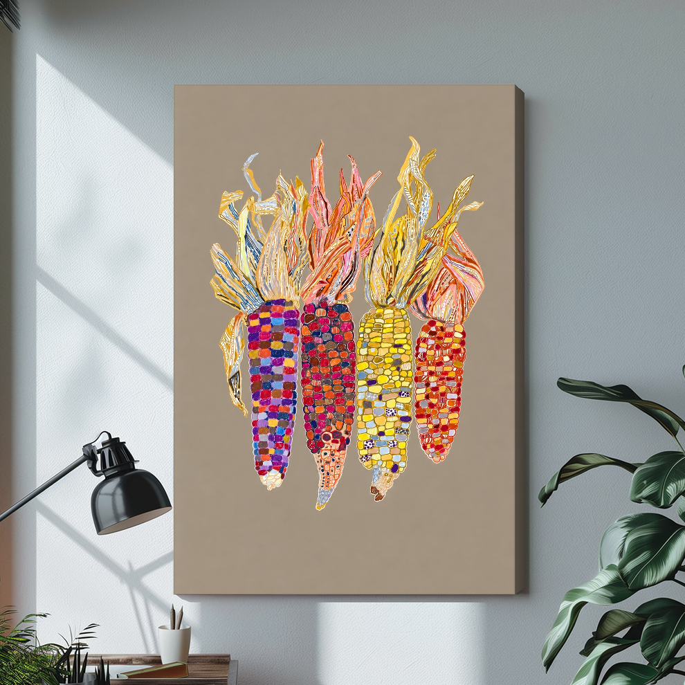 Stretched colorful beaded corn canvas with a shaded wrapped edge in the selected room setting.
