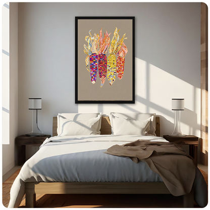Framed colorful beaded corn canvas above a neutral bed beside soft bedroom lighting and lamps.