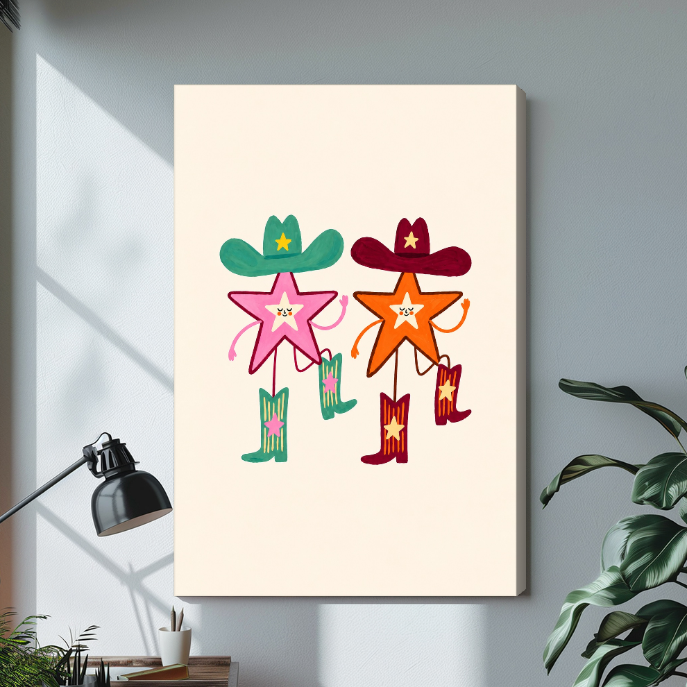 Stretched two cowboy stars canvas with a shaded wrapped edge in the selected room setting.