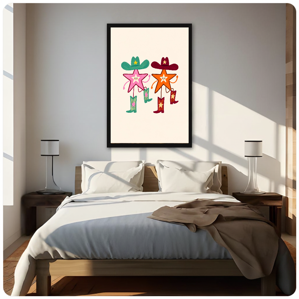 Framed two cowboy stars canvas above a neutral bed beside soft bedroom lighting and lamps.