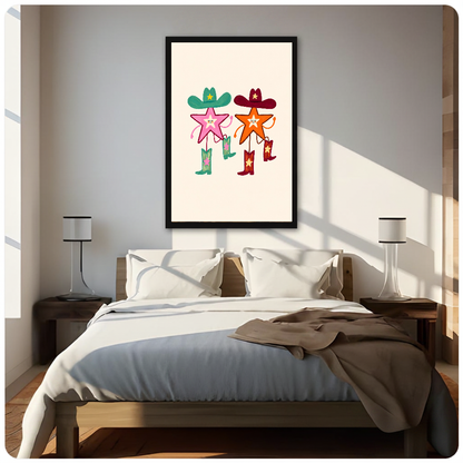 Framed two cowboy stars canvas above a neutral bed beside soft bedroom lighting and lamps.