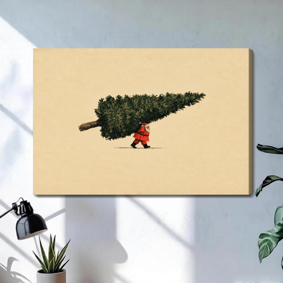 Stretched santa carrying christmas tree canvas with a shaded wrapped edge in the selected room setting.