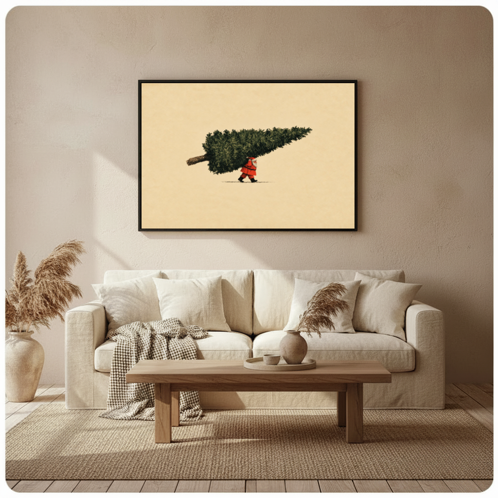 Framed santa carrying christmas tree canvas above a neutral sofa beside pampas grass and a coffee table.