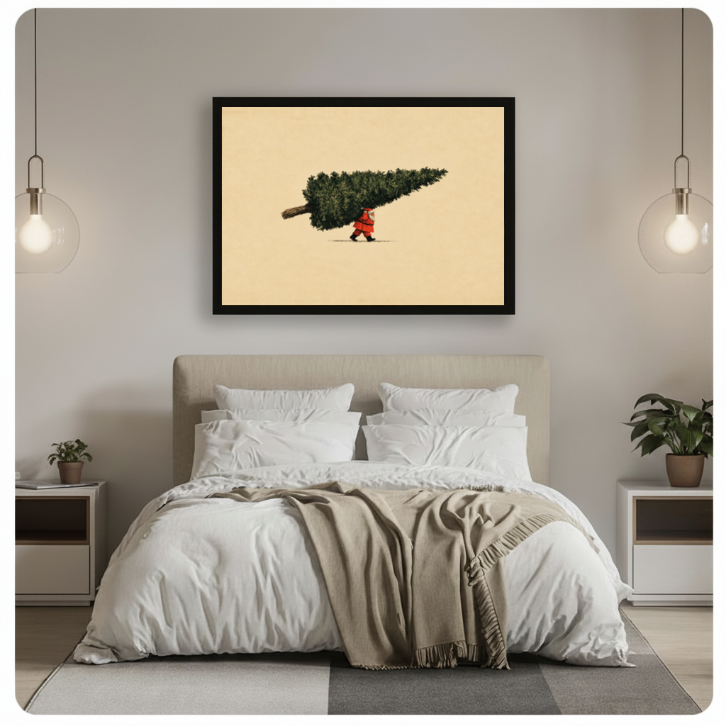 Framed santa carrying christmas tree canvas above a gray bed between hanging pendant lamps in a neutral bedroom.