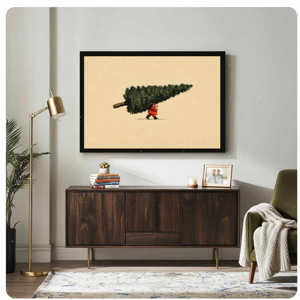 Framed santa carrying christmas tree canvas above a wooden sideboard beside books and an angled brass lamp.