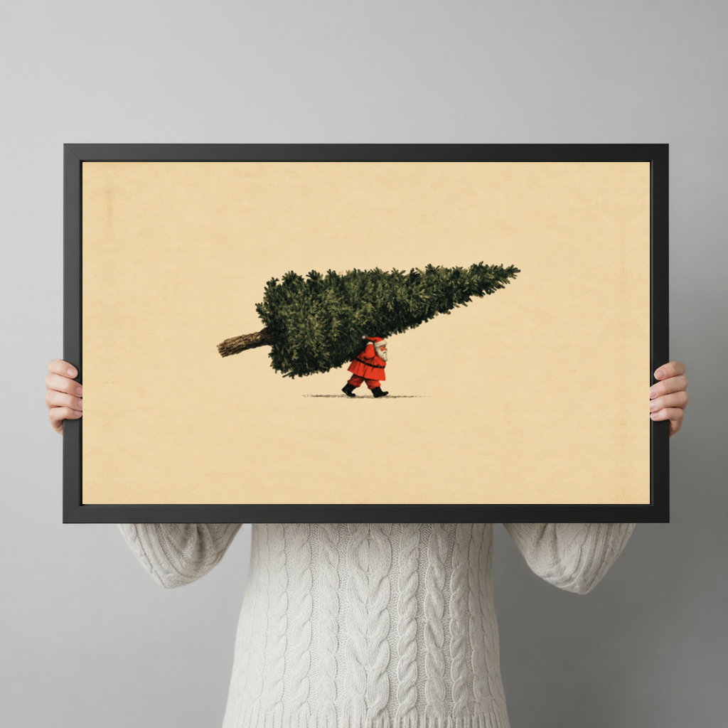 Framed santa carrying christmas tree canvas held horizontally by a person wearing a cream sweater against a light background.