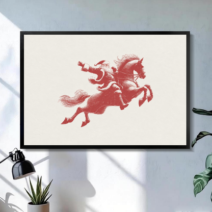 Black framed santa on red horse canvas on a pale wall above a desk and plant.