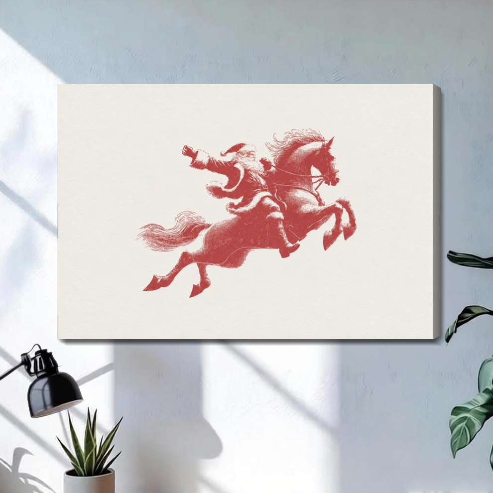 Stretched santa on red horse canvas with a shaded wrapped edge in the selected room setting.