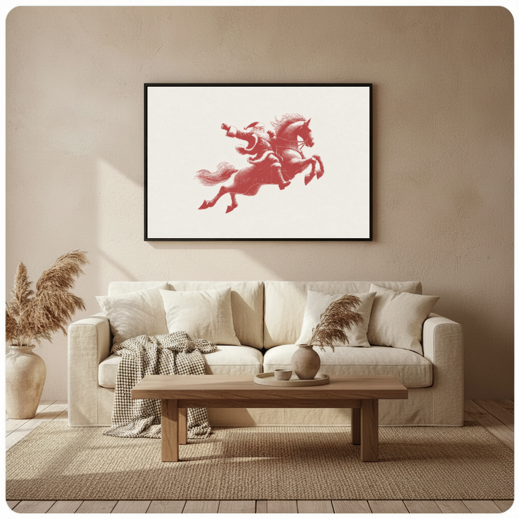 Framed santa on red horse canvas above a neutral sofa beside pampas grass and a coffee table.