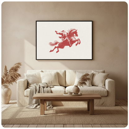 Framed santa on red horse canvas above a neutral sofa beside pampas grass and a coffee table.