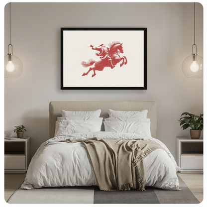 Framed santa on red horse canvas above a gray bed between hanging pendant lamps in a neutral bedroom.