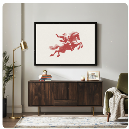 Framed santa on red horse canvas above a wooden sideboard beside books and an angled brass lamp.