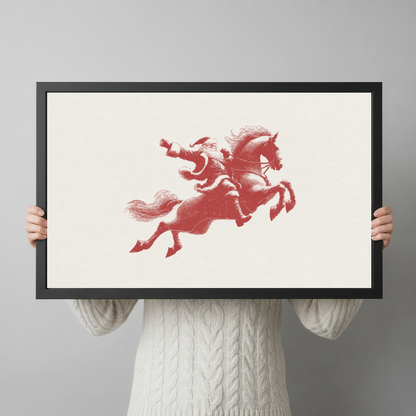 Framed santa on red horse canvas held horizontally by a person wearing a cream sweater against a light background.