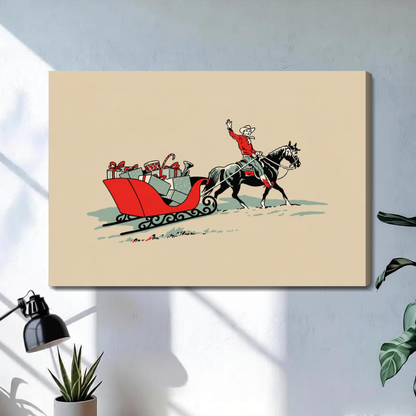 Stretched christmas cowboy gift sleigh canvas with a shaded wrapped edge in the selected room setting.