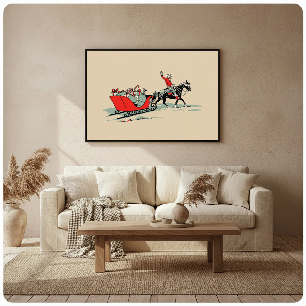 Framed christmas cowboy gift sleigh canvas above a neutral sofa beside pampas grass and a coffee table.