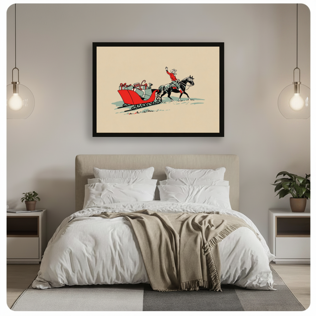 Framed christmas cowboy gift sleigh canvas above a gray bed between hanging pendant lamps in a neutral bedroom.