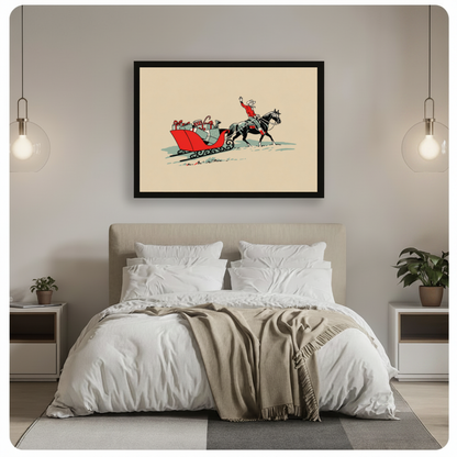 Framed christmas cowboy gift sleigh canvas above a gray bed between hanging pendant lamps in a neutral bedroom.