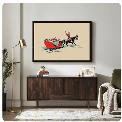 Framed christmas cowboy gift sleigh canvas above a wooden sideboard beside books and an angled brass lamp.