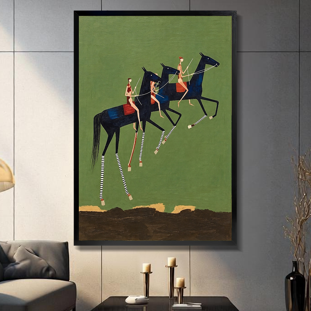 Black framed three elongated horse riders canvas on a dark paneled wall beside warm candles.