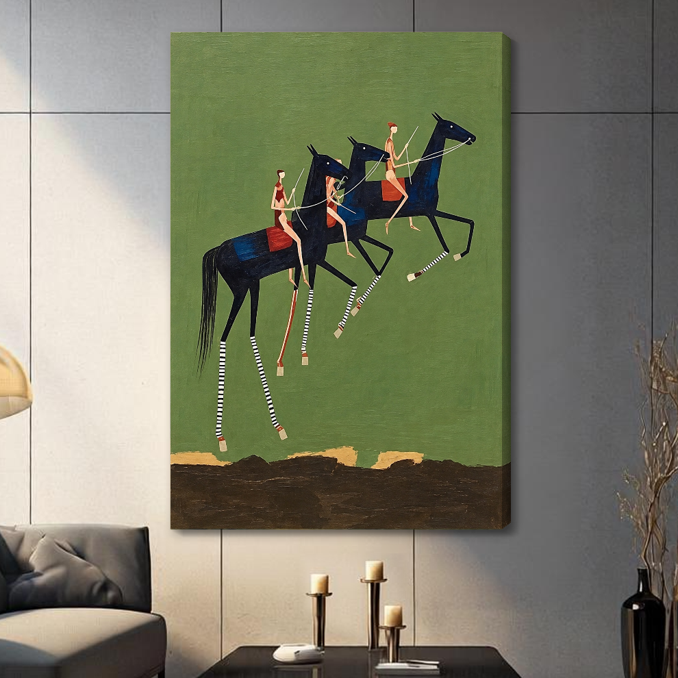 Stretched three elongated horse riders canvas with a shaded wrapped edge in the selected room setting.