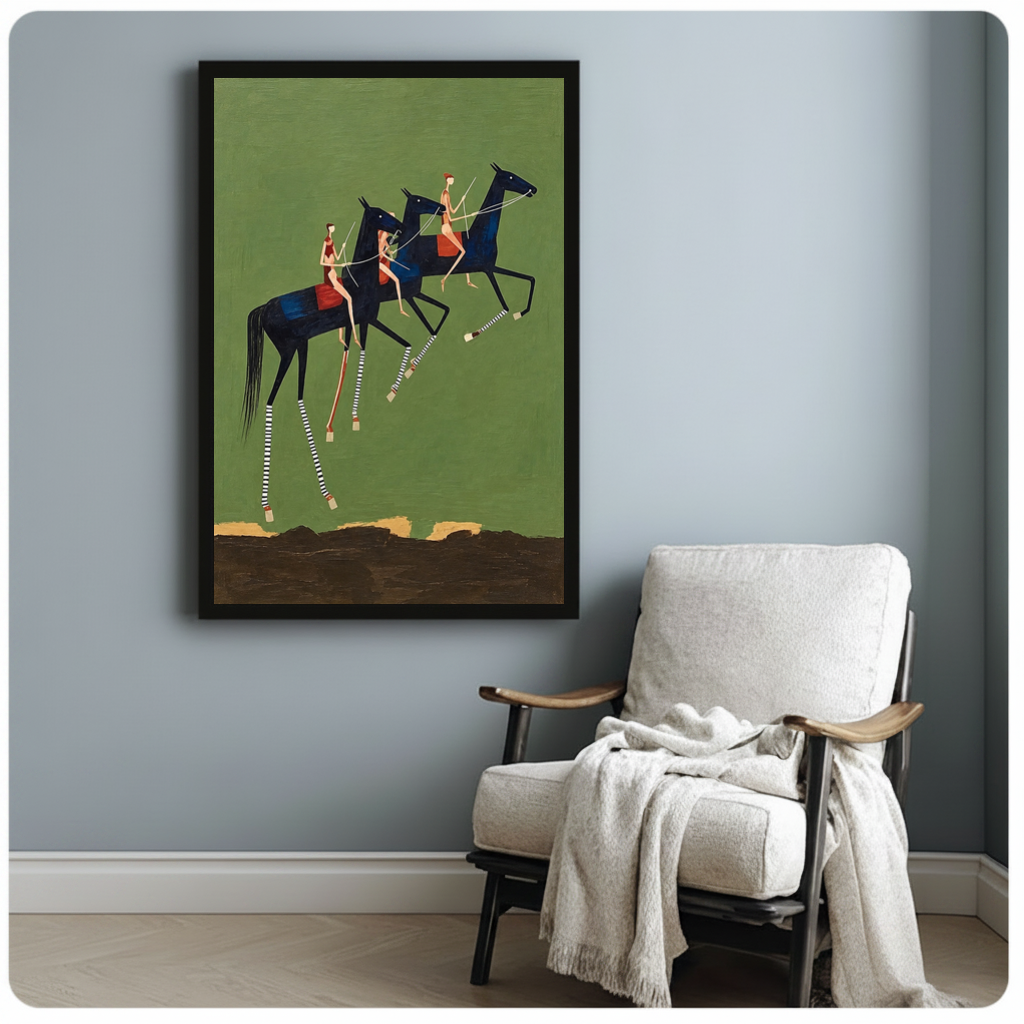 Framed three elongated horse riders canvas beside a pale reading chair on a blue gray wall.
