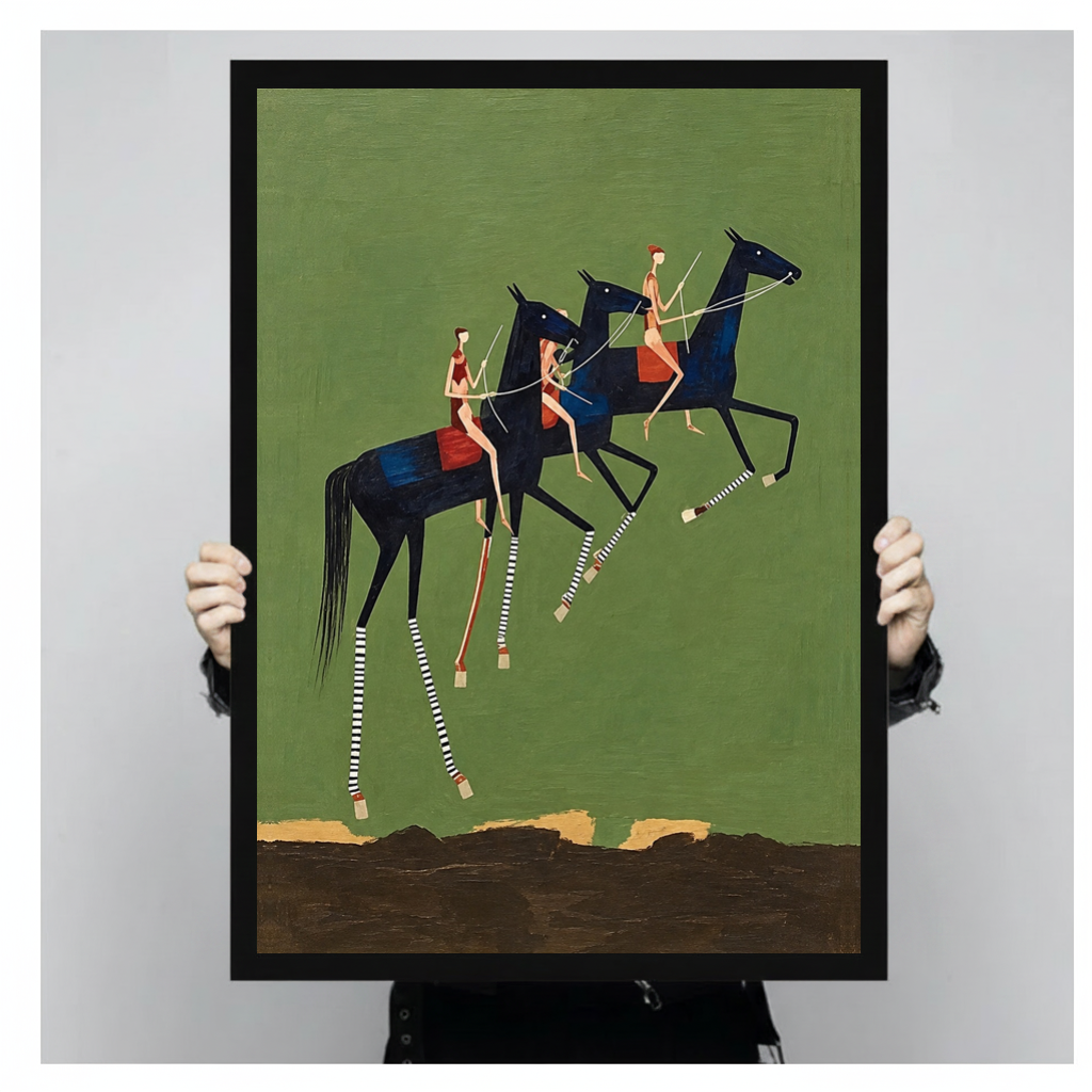 Framed three elongated horse riders canvas held by a person against a light neutral background.