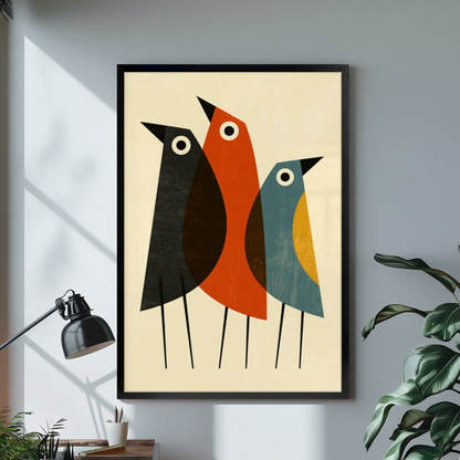 Black framed three colorblock birds canvas on a pale wall above a desk and plant.