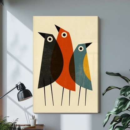 Stretched three colorblock birds canvas with a shaded wrapped edge in the selected room setting.