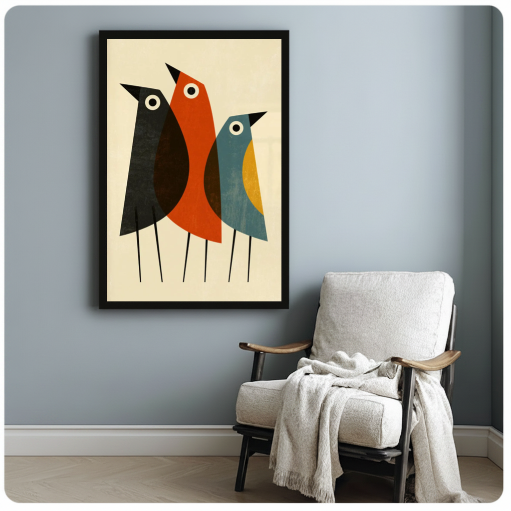 Framed three colorblock birds canvas beside a pale reading chair on a blue gray wall.