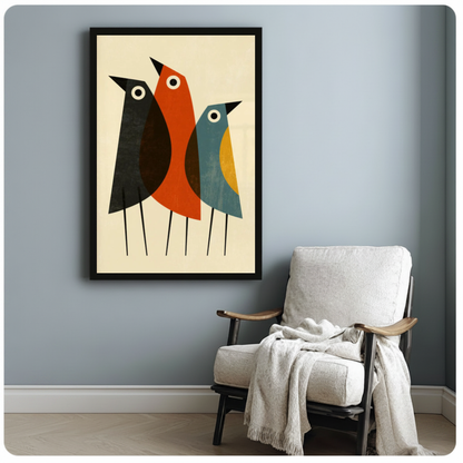 Framed three colorblock birds canvas beside a pale reading chair on a blue gray wall.