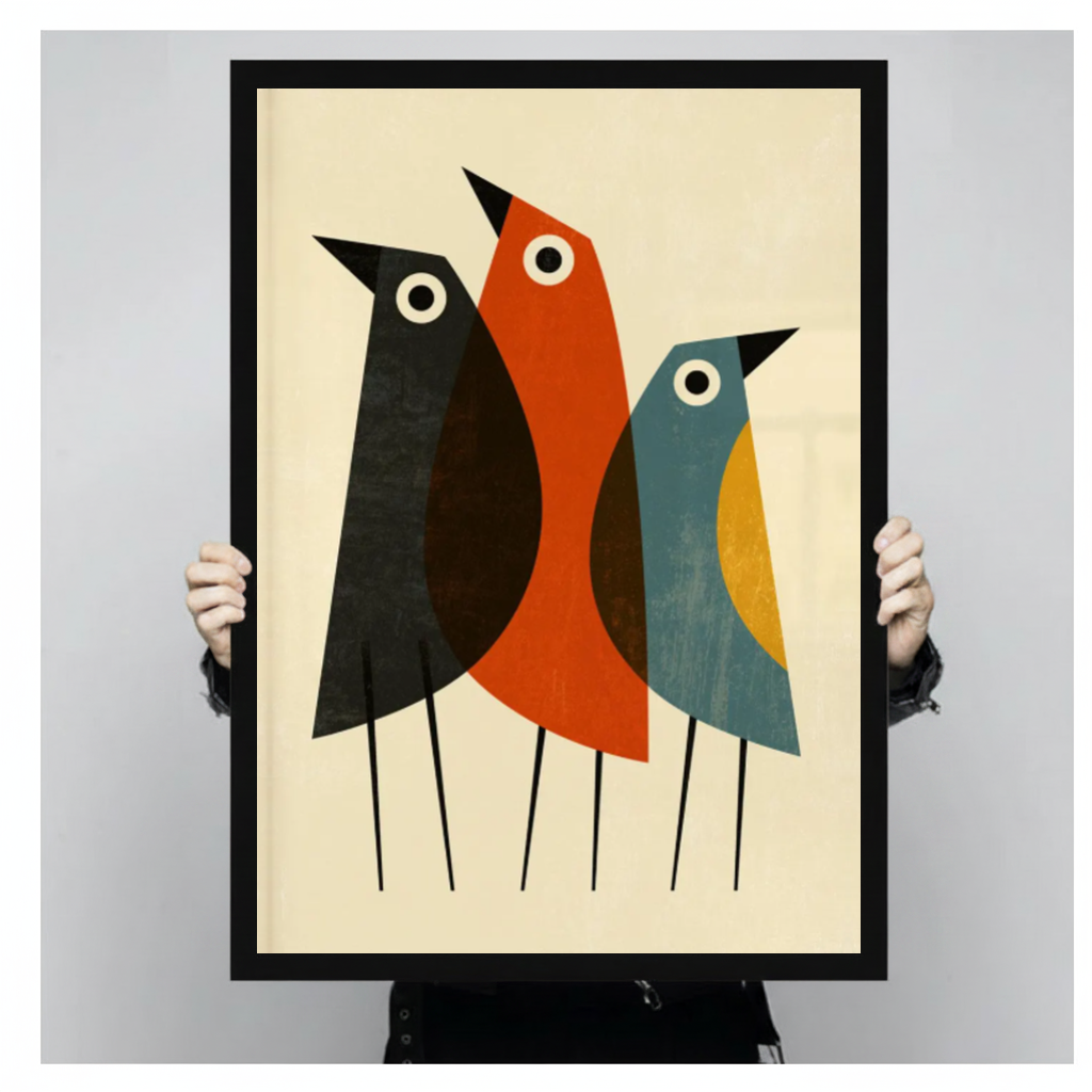 Framed three colorblock birds canvas held by a person against a light neutral background.