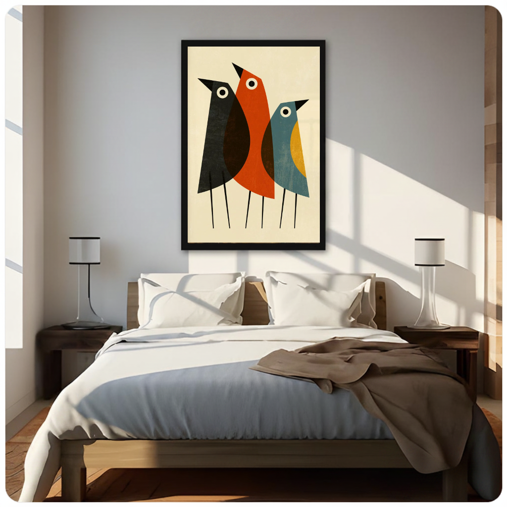 Framed three colorblock birds canvas above a neutral bed beside soft bedroom lighting and lamps.