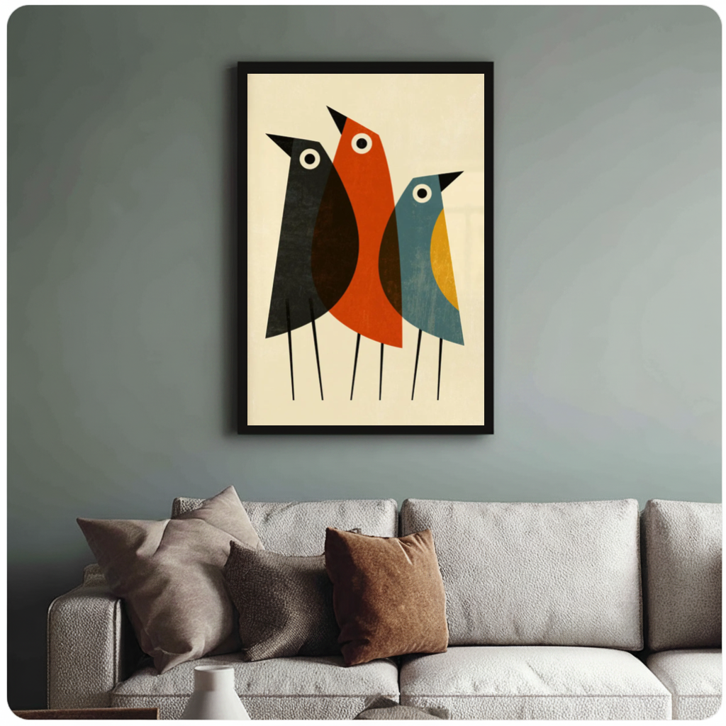 Framed three colorblock birds canvas above a neutral sofa with cushions against a muted wall.