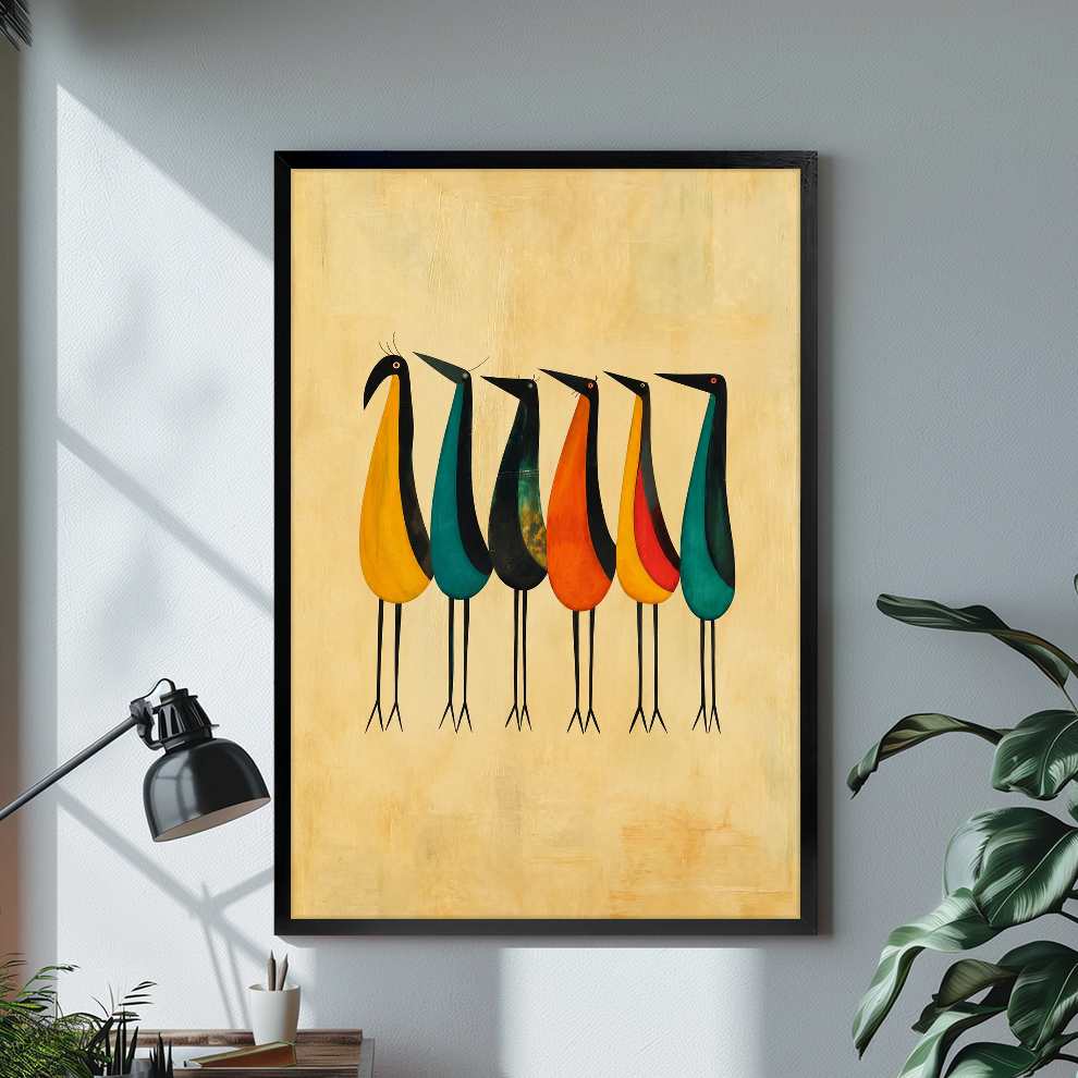 Black framed six colorful tall birds canvas on a pale wall above a desk and plant.