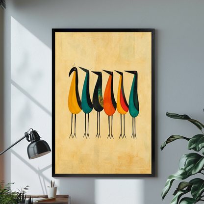 Black framed six colorful tall birds canvas on a pale wall above a desk and plant.